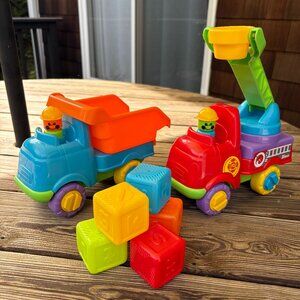 NEW Firetruck and Dump Truck with Hardhat People and 6 Building Blocks Set